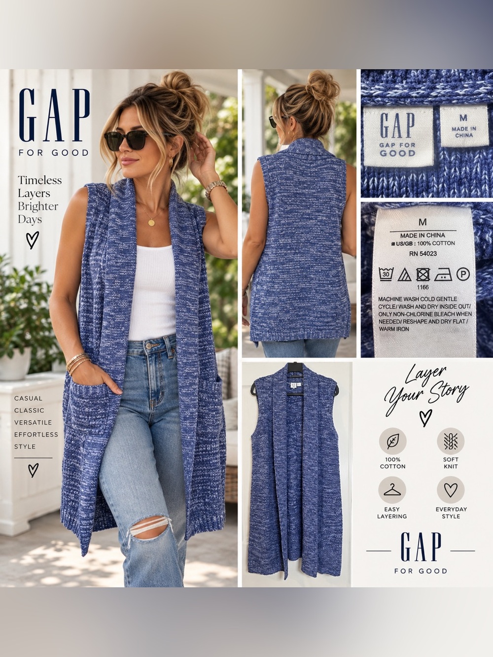 Gap For Good Blue Marled Longline Sweater Vest M 100% Cotton